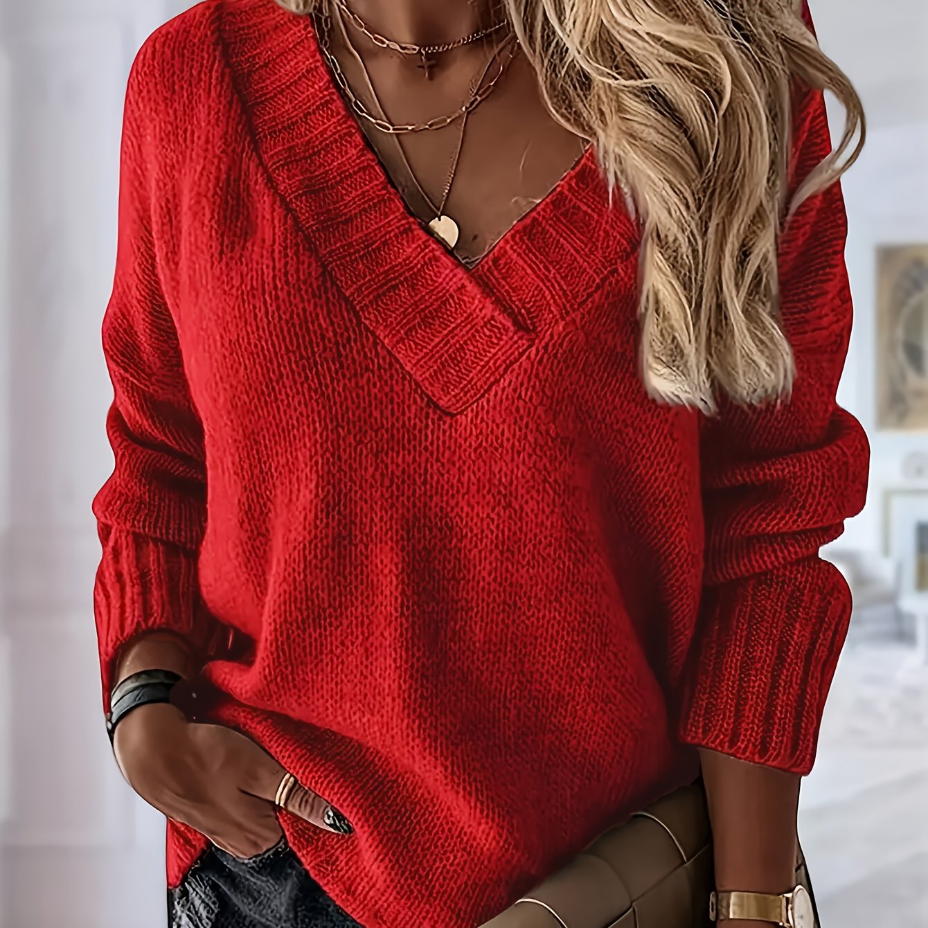 Women's Elegant V-Neck Sweater Pullover, Non-Transparent Fall/Winter Casual Wear Design