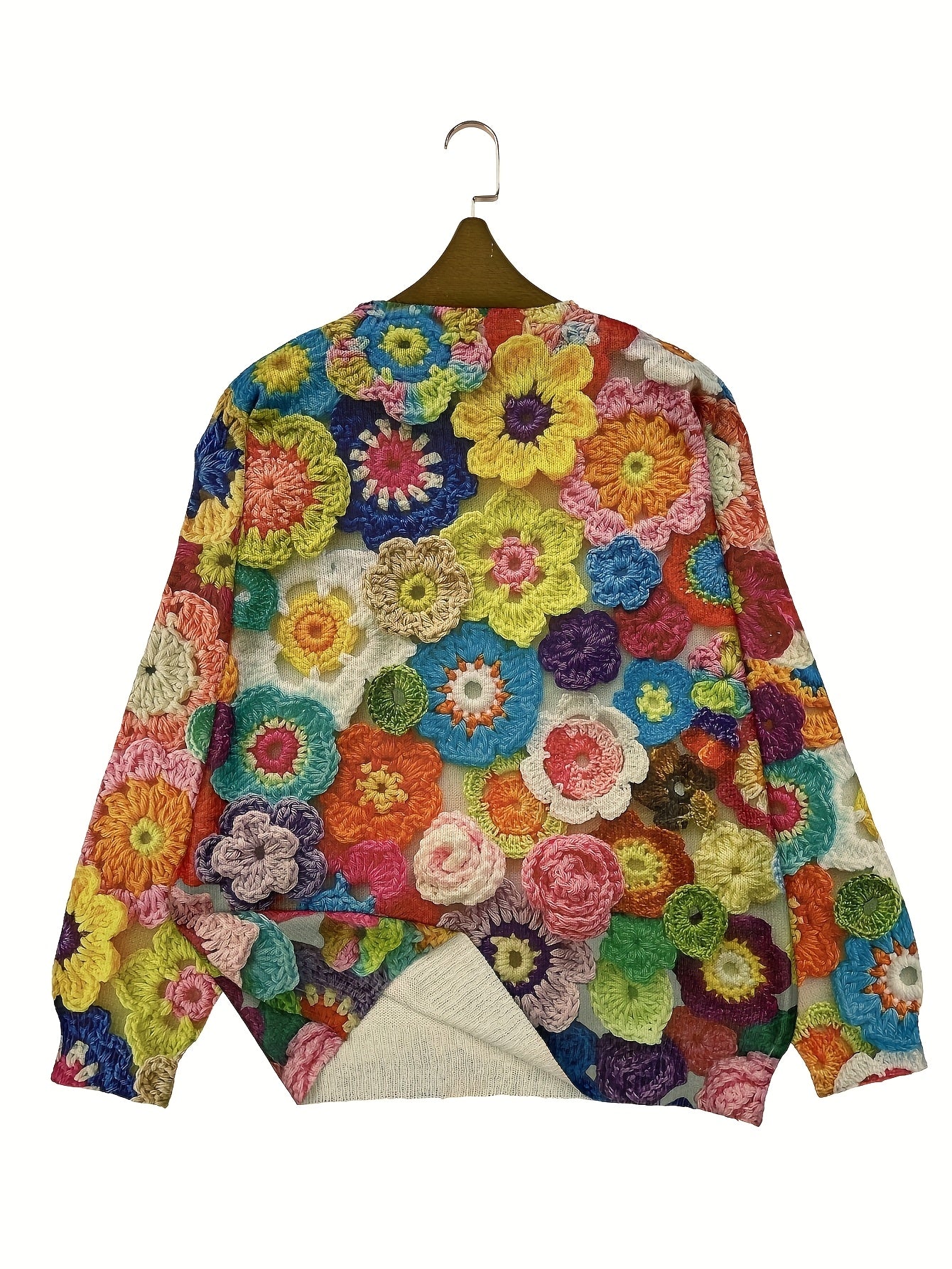 Women's Lightweight 3D Floral Print Sweater Ultra HD All-Over Multicolor Pattern Casual Crewneck Long Sleeve Top Trendy All-Season