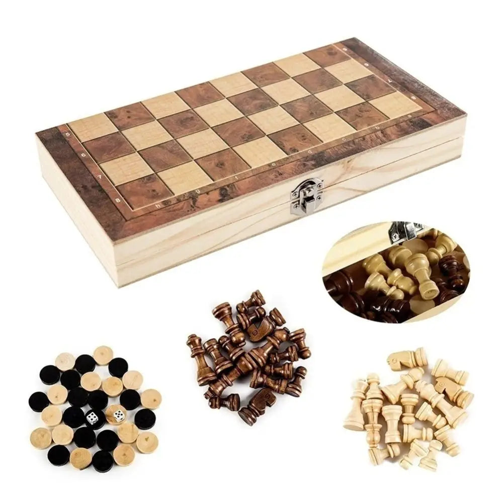 Wooden 3-in-1 Chess Checkers Backgammon Set | Foldable Travel Board