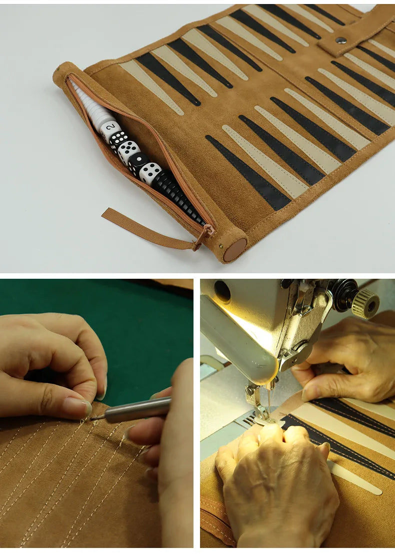 Portable Roll Up Chess & Backgammon Board Game Travel Set PU Leather