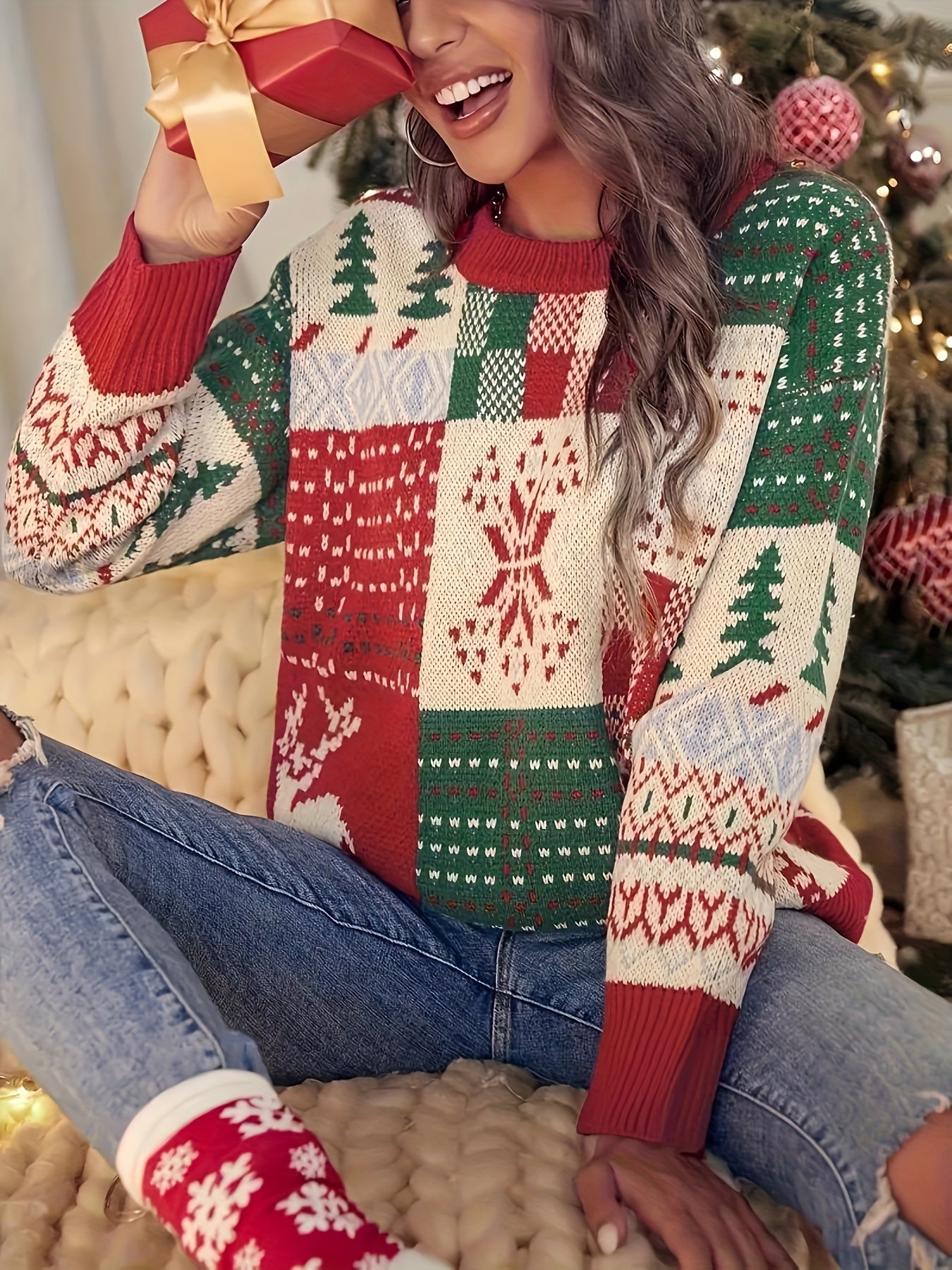 Christmas Pattern Pullover Sweater Casual Crew Neck Long Sleeve For Fall & Winter Women's Plus Size Clothing