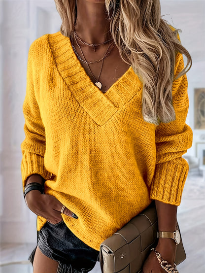 Women's Elegant V-Neck Sweater Pullover, Non-Transparent Fall/Winter Casual Wear Design