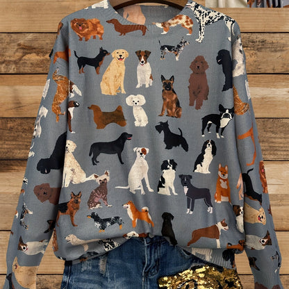 Lightweight Women's Sweater Round Neck Long Sleeves Dog Printed Casual Design