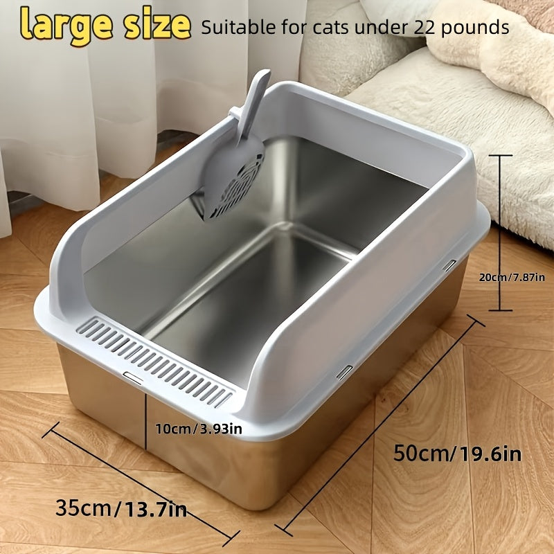 Large Stainless Steel Cat Litter Box with Scoop Metal Tray Suitable for Big Cats