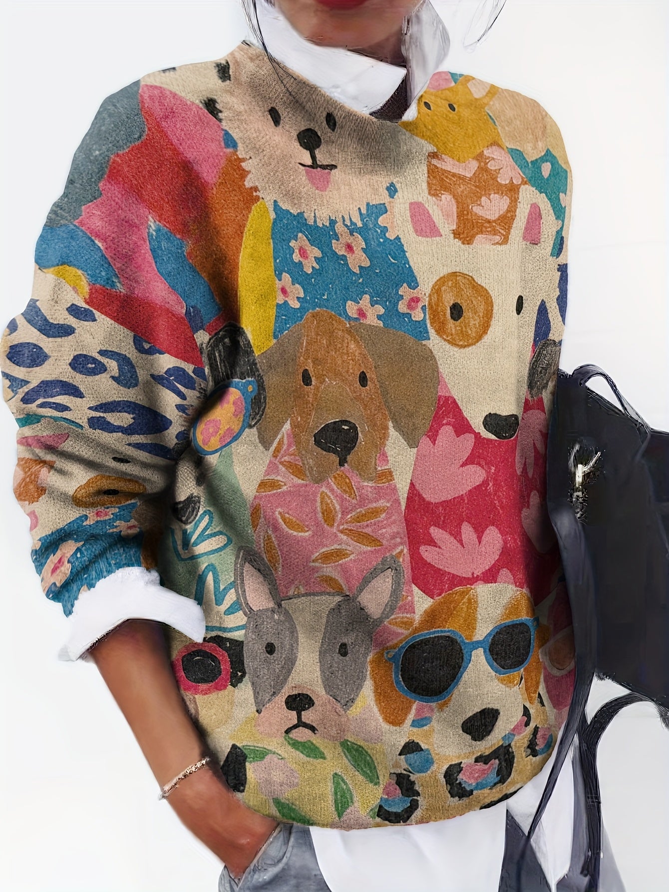 All-Over Print Cartoon Dog Pattern Thick Casual Crew Neck Long Sleeve Sweater Women's Clothing