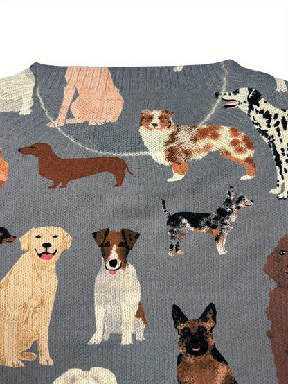 Lightweight Women's Sweater Round Neck Long Sleeves Dog Printed Casual Design