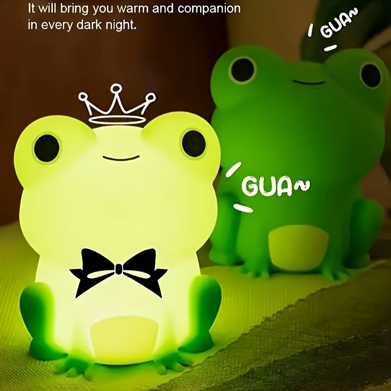 Cute Frog Silicone Night Light with Crown & Bow - Rechargeable USB Battery Warm Glow for Dark Nights Baby Room Display Lamp