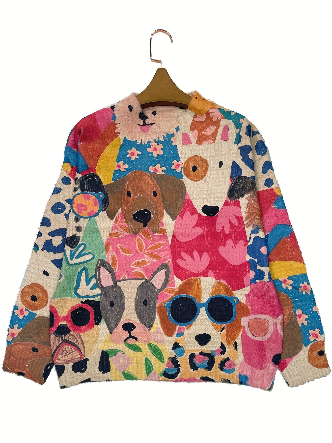 All-Over Print Cartoon Dog Pattern Thick Casual Crew Neck Long Sleeve Sweater Women's Clothing