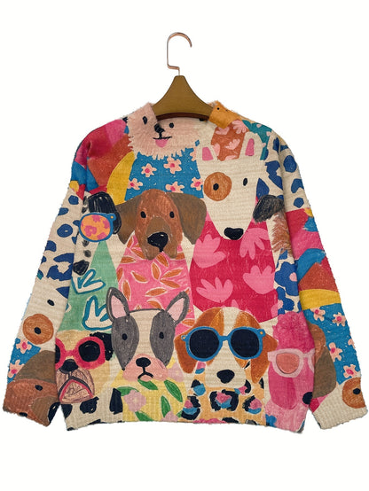 All-Over Print Cartoon Dog Pattern Thick Casual Crew Neck Long Sleeve Sweater Women's Clothing