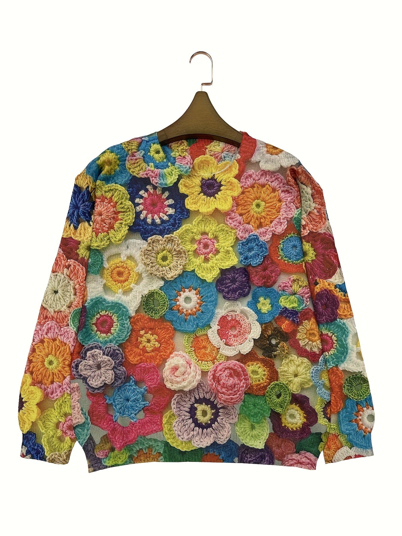 Women's Lightweight 3D Floral Print Sweater Ultra HD All-Over Multicolor Pattern Casual Crewneck Long Sleeve Top Trendy All-Season