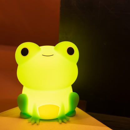 Cute Frog Silicone Night Light with Crown & Bow - Rechargeable USB Battery Warm Glow for Dark Nights Baby Room Display Lamp