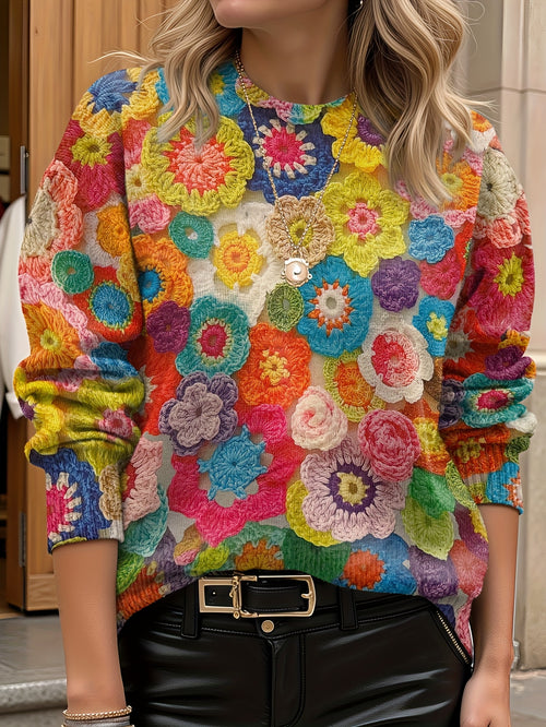 Women's Lightweight 3D Floral Print Sweater Ultra HD All-Over Multicolor Pattern Casual Crewneck Long Sleeve Top Trendy All-Season