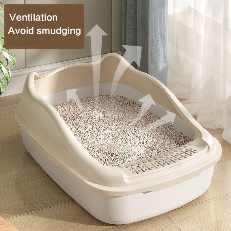 Extra-Large Semi-Enclosed Cat Litter Box with Anti-Splash Design, Easy Clean & Portable Beige