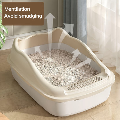 Extra-Large Semi-Enclosed Cat Litter Box with Anti-Splash Design, Easy Clean & Portable Beige