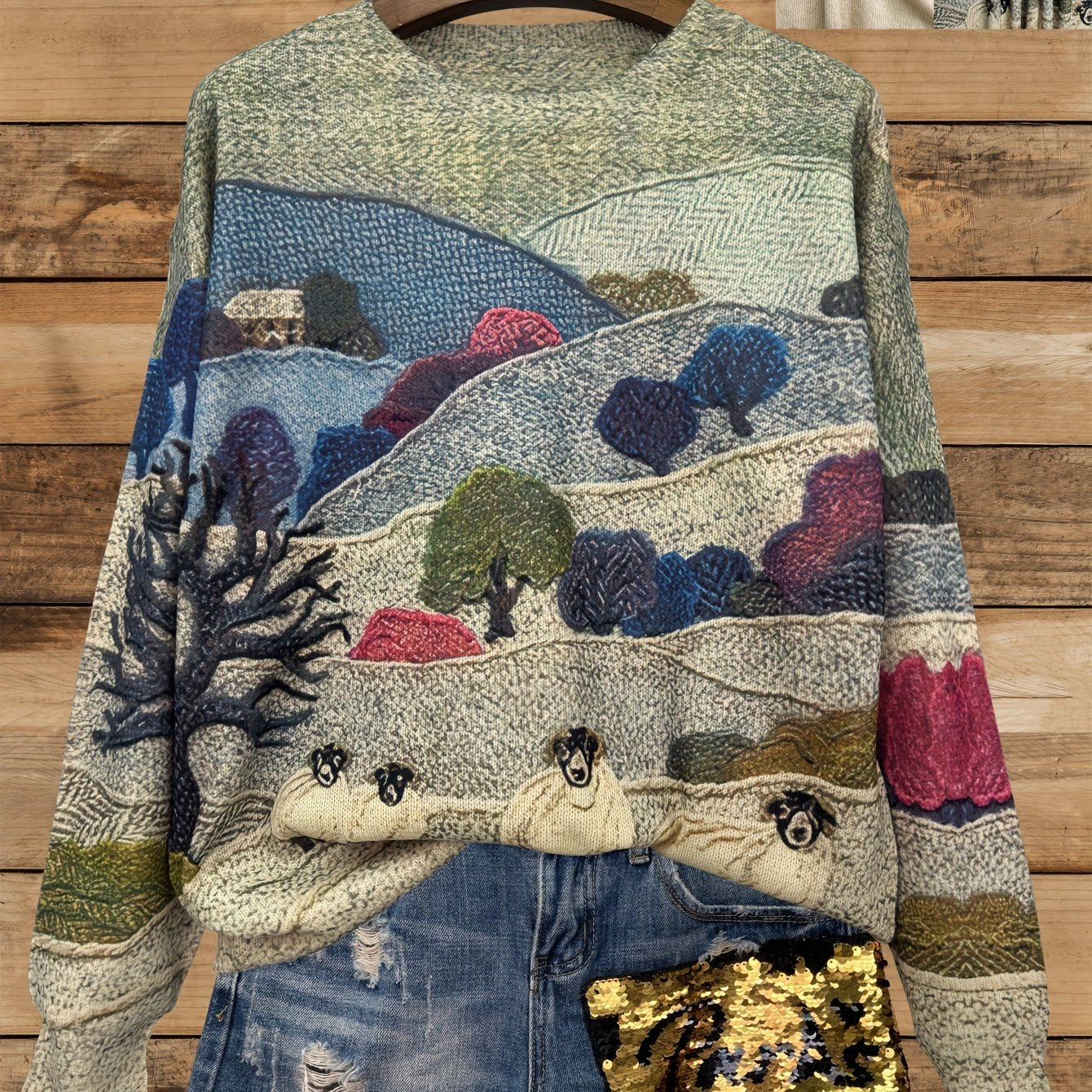 Women's Lightweight Sweater All-Over Pastoral Print with Sheep Long Sleeve Round Neck Pullover Casual Design