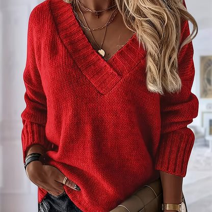 Women's Elegant V-Neck Sweater Pullover, Non-Transparent Fall/Winter Casual Wear Design