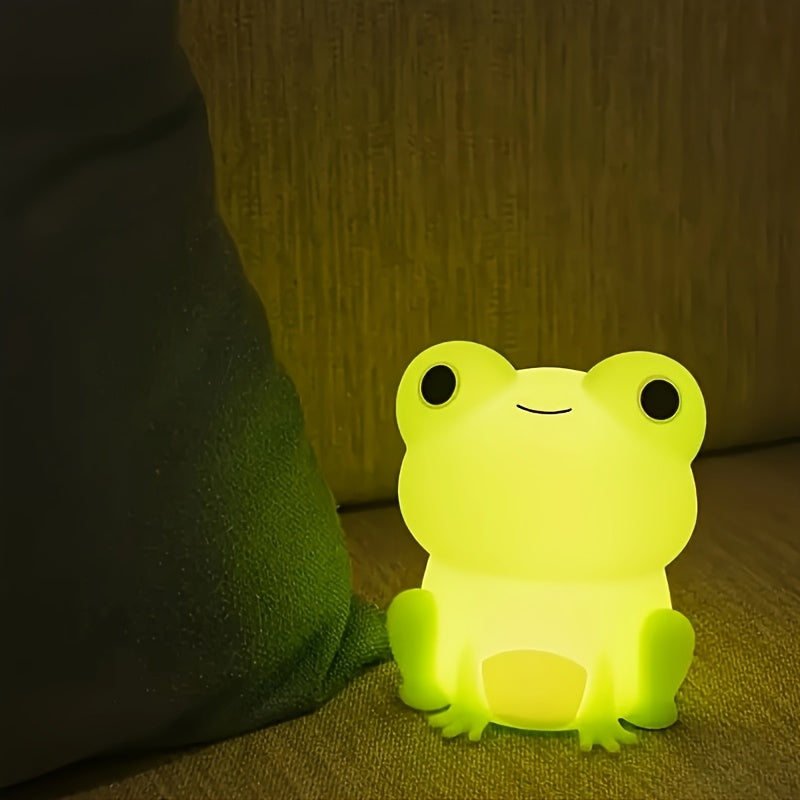 Cute Frog Silicone Night Light with Crown & Bow - Rechargeable USB Battery Warm Glow for Dark Nights Baby Room Display Lamp