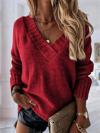 Women's Elegant V-Neck Sweater Pullover, Non-Transparent Fall/Winter Casual Wear Design