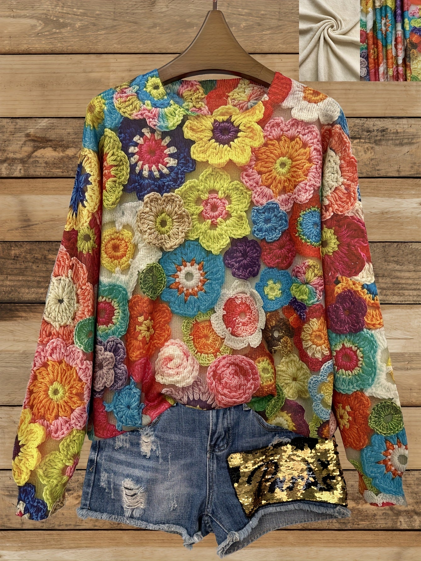 Women's Lightweight 3D Floral Print Sweater Ultra HD All-Over Multicolor Pattern Casual Crewneck Long Sleeve Top Trendy All-Season