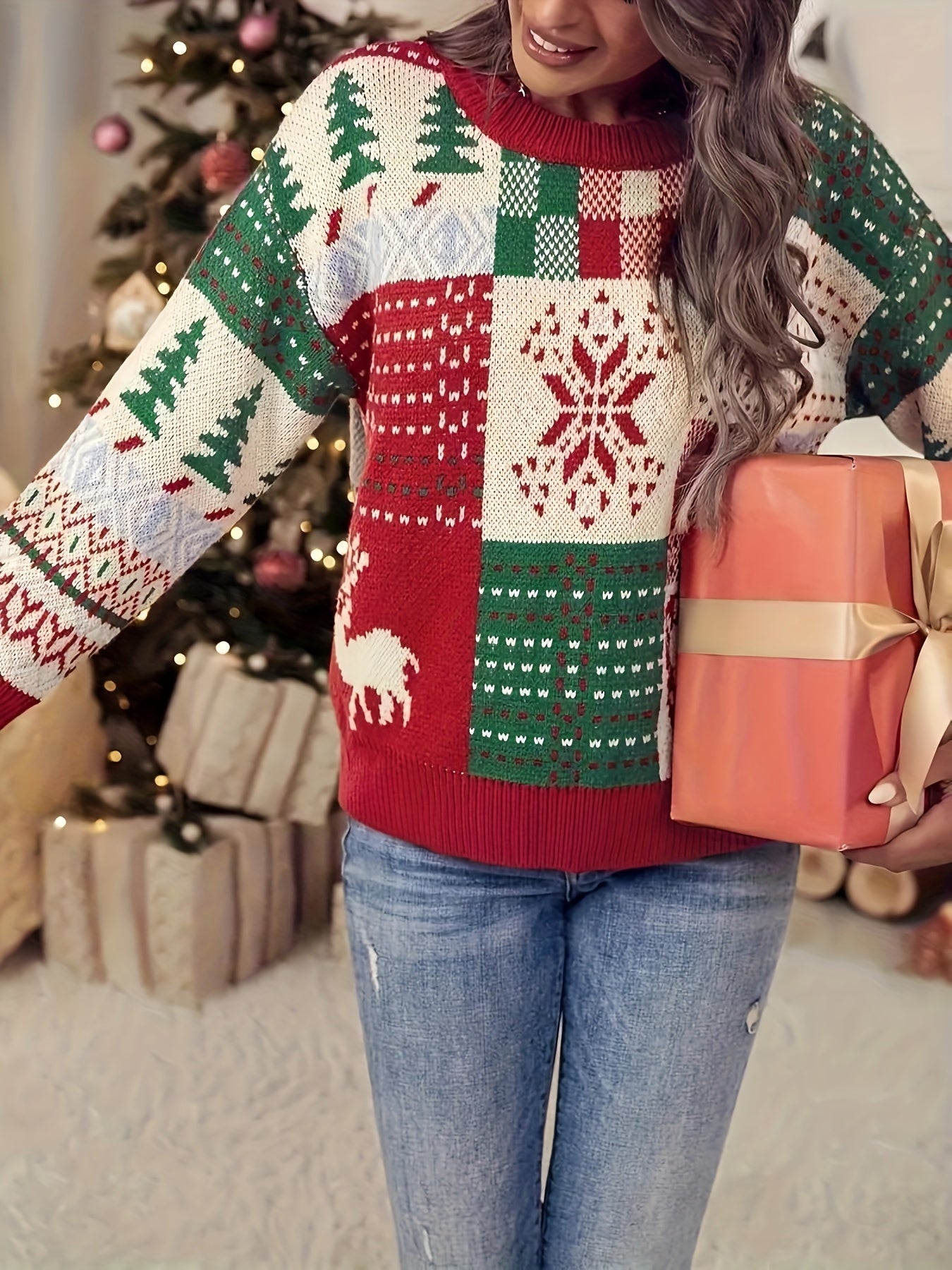 Christmas Pattern Pullover Sweater Casual Crew Neck Long Sleeve For Fall & Winter Women's Plus Size Clothing