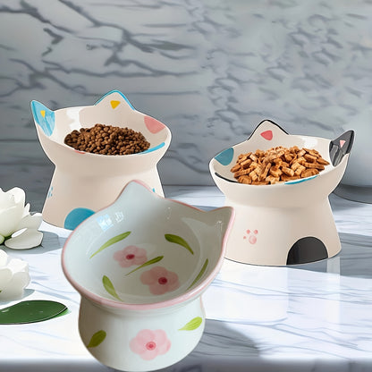 Elevated Ceramic Cat Bowls, Anti-Tip Neck Protection Raised Feeding And Drinking Station