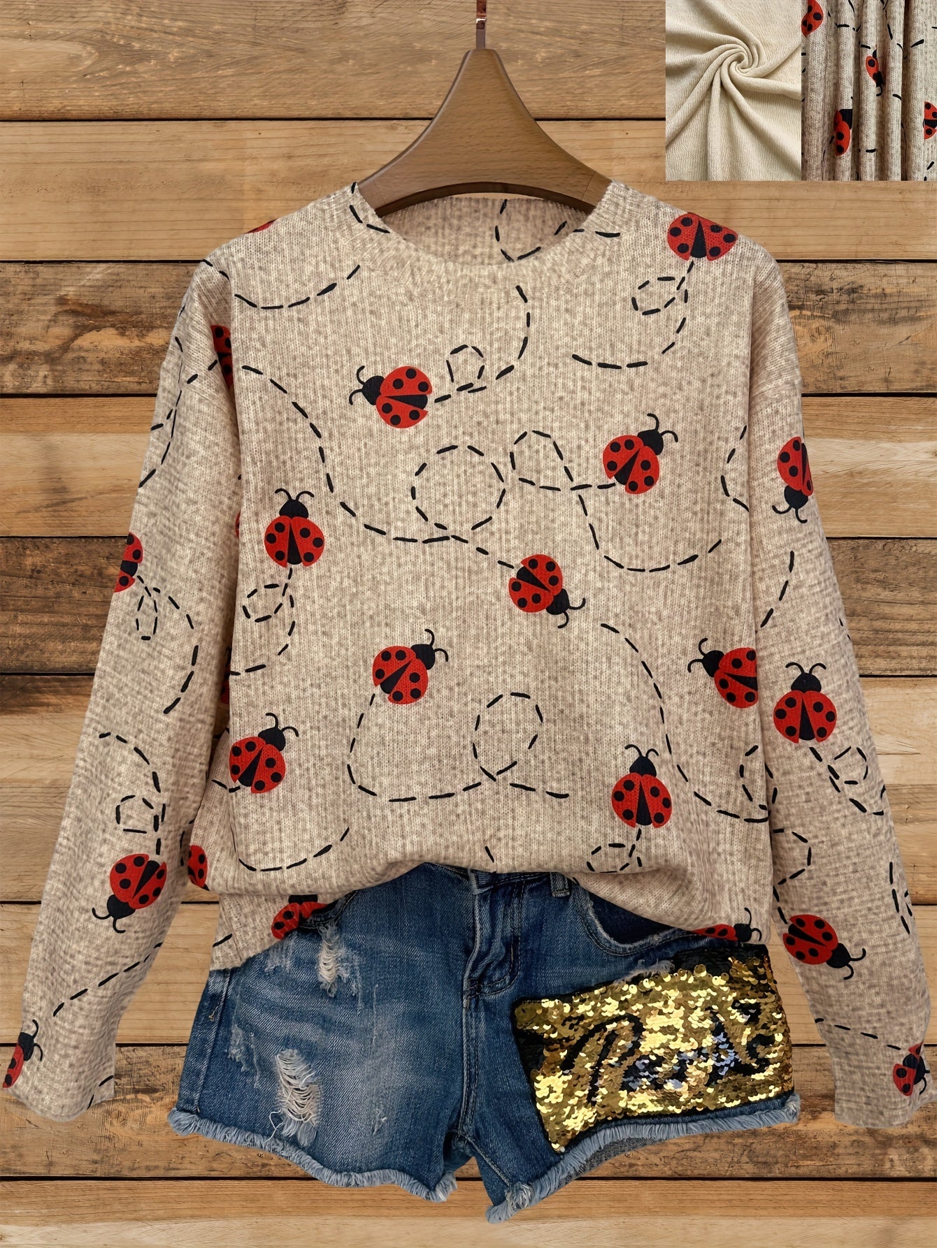 Women's Casual Crew Neck Long Sleeve Sweater with 3D Ladybug Print Spandex Knit Fabric All-Season Regular Fit Top