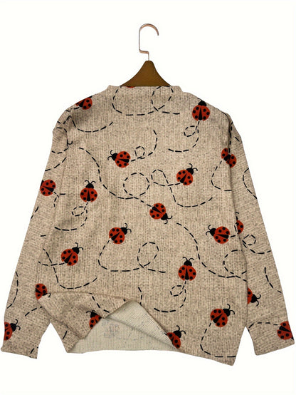 Women's Casual Crew Neck Long Sleeve Sweater with 3D Ladybug Print Spandex Knit Fabric All-Season Regular Fit Top