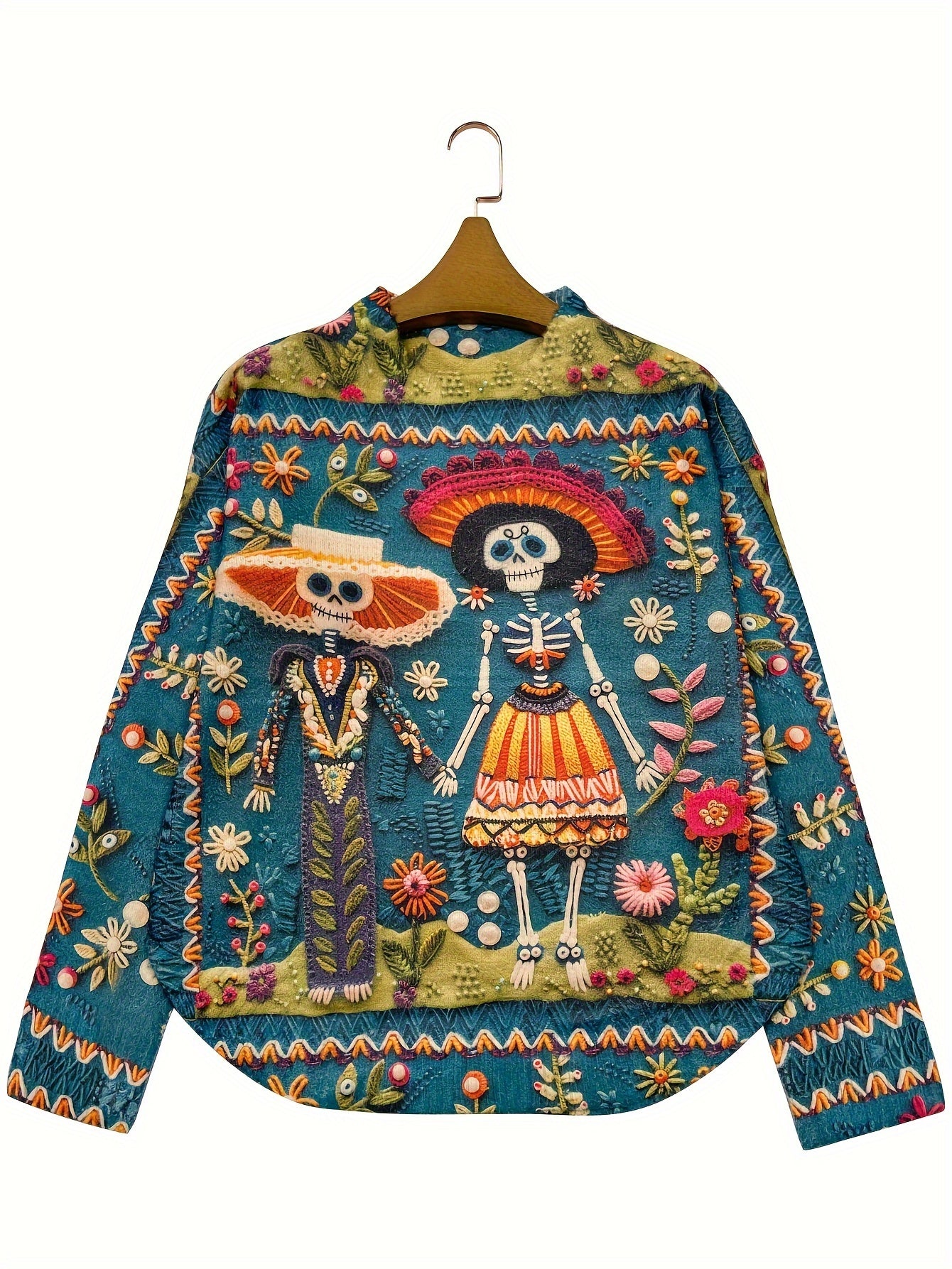 All-Over Print Undead Couple Pattern Thick Casual Crew Neck Long Sleeve Sweater, Round Hem, Women's Clothing