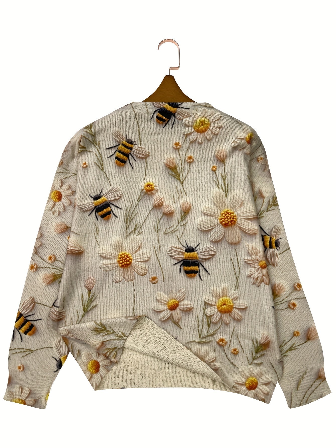 Floral ＆ Bee Pattern Crew Neck Sweater Casual Long Sleeve For Fall & Winter Women's Clothing