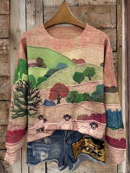 Women's Lightweight Sweater All-Over Pastoral Print with Sheep Long Sleeve Round Neck Pullover Casual Design