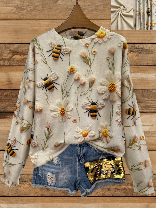 Floral ＆ Bee Pattern Crew Neck Sweater Casual Long Sleeve For Fall & Winter Women's Clothing