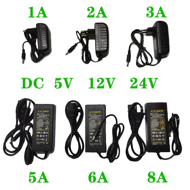 5V/12V/24V Power Adapter – LED Driver Transformer, 1A–8A, AC 100–240V to DC