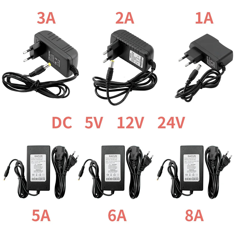 5V/12V/24V Power Adapter – LED Driver Transformer, 1A–8A, AC 100–240V to DC