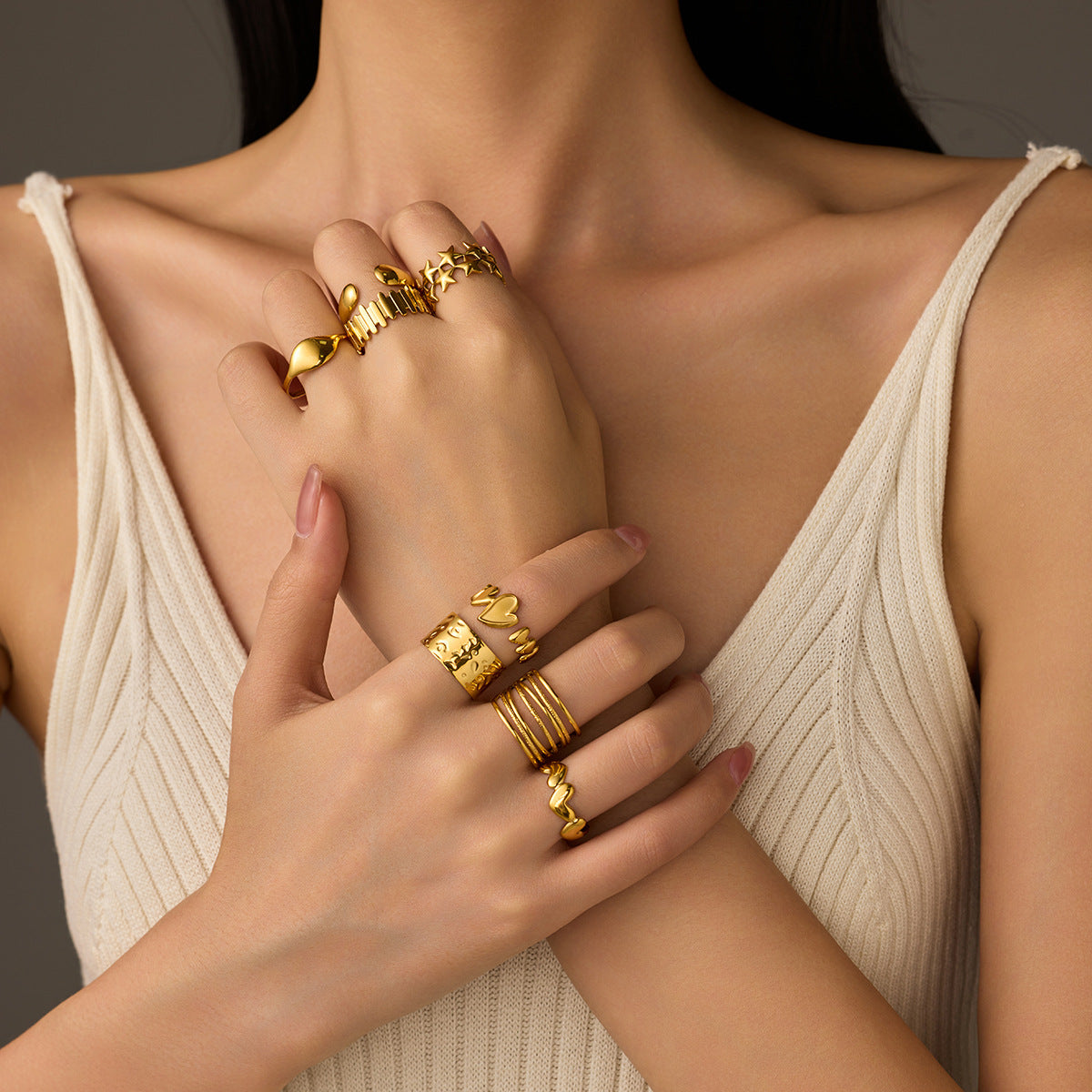 Cold 18K Gold Geometric Abstract Irregular Asymmetric Titanium Steel Ring