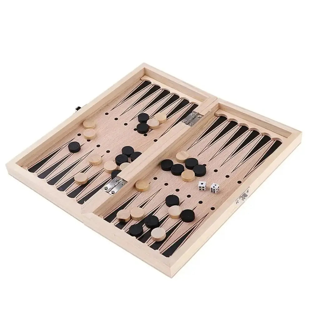 Wooden 3-in-1 Chess Checkers Backgammon Set | Foldable Travel Board