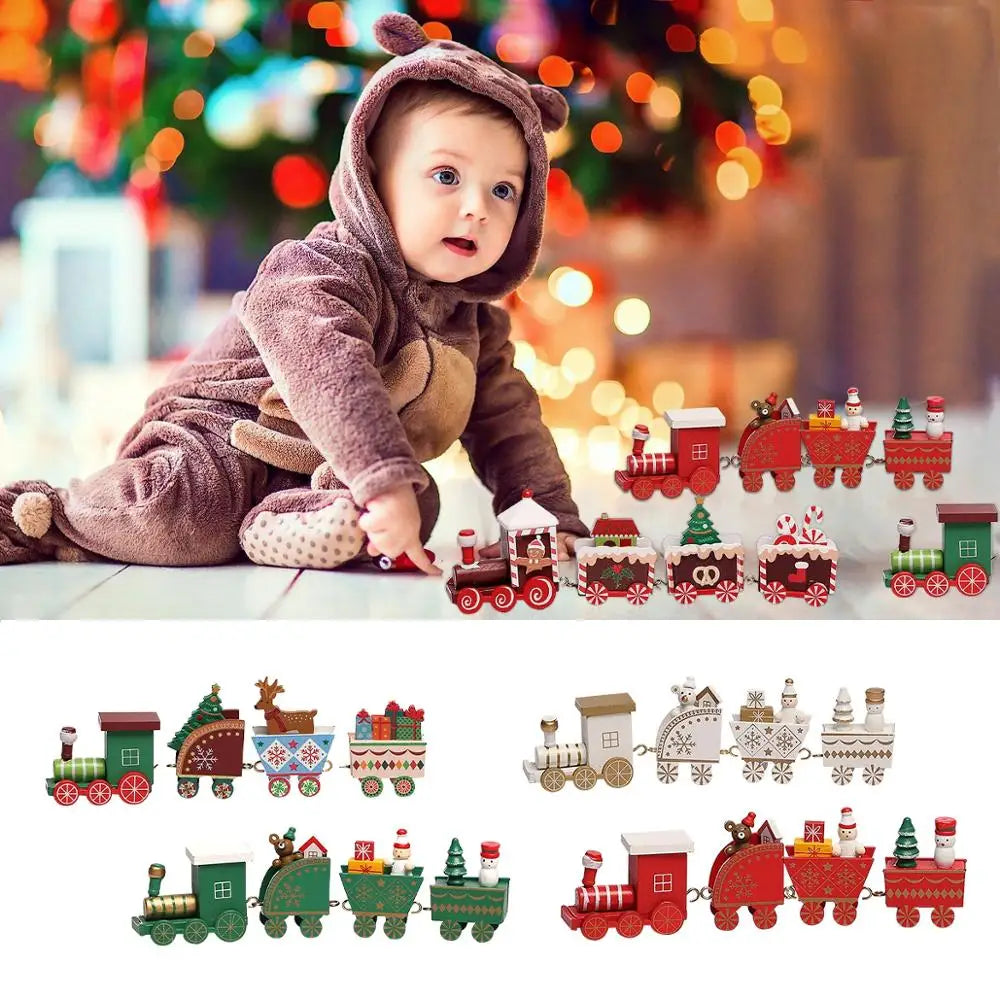 Christmas Wooden Train Set Holiday Decoration Santa Snowman Kids Gift Toy