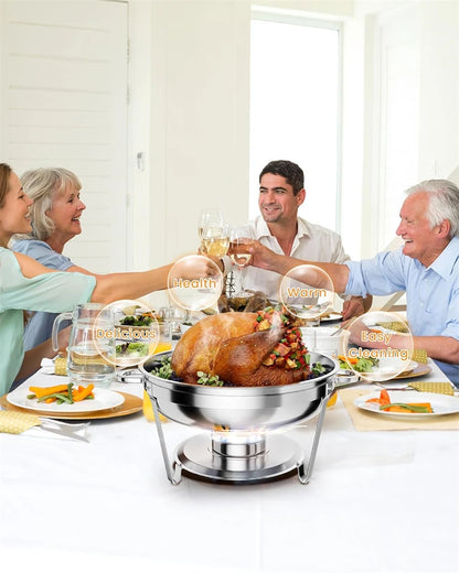 5QT Stainless Steel Chafing Dish Buffet Set – Round with Lid & Warmers for Party