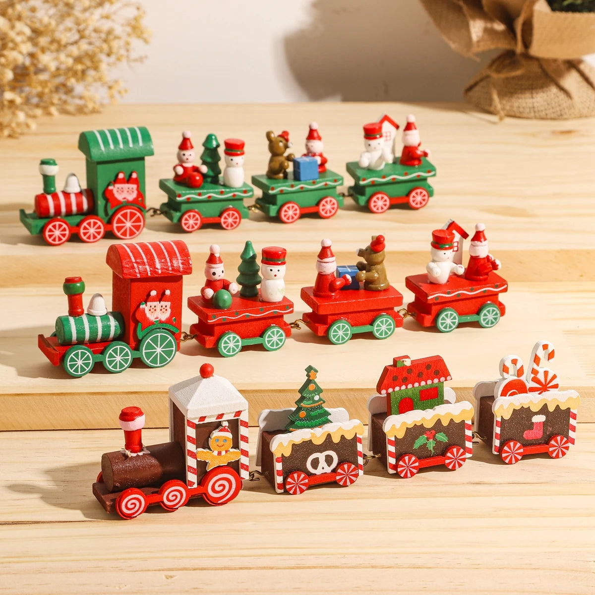 Christmas Wooden Train Set Holiday Decoration Santa Snowman Kids Gift Toy