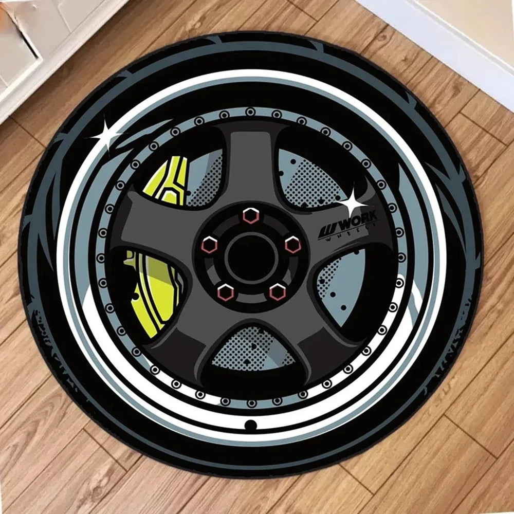 Car Wheel Rim Design Round Anti-Slip Rug – Racing Style Floor Mat for Home Garage Decor