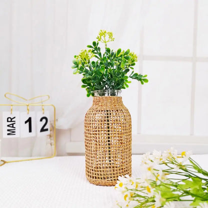 Vine Flower Vase Handmade Straw Woven Anti-broken Plant Pot Japanese Style Glass Vase Table Decoration Scene Layout Prop Home