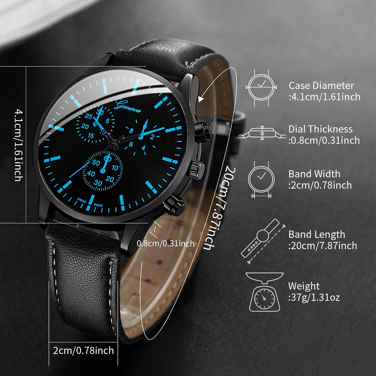 3-Piece Set Men's Business/Casual Watch with Leather Band, Necklace and Bracelet Set