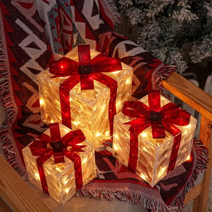 Set of 3 Lighted Christmas Gift Boxes with Red Bows | Elegant Indoor & Outdoor Holiday Decor