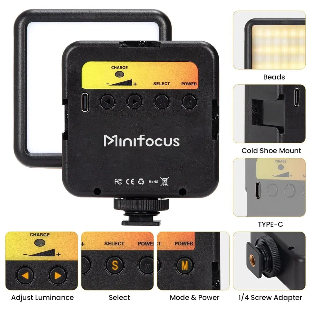 Mini LED Camera Video Light On-Camera Dimmable Vlogging Light with Cold Shoe Mounts