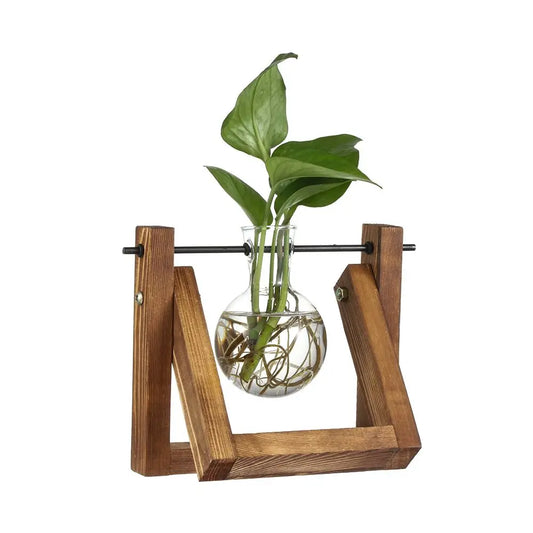 Vintage Hydroponic Glass Vase with Wooden Stand – Mini Bulb Terrarium Planter