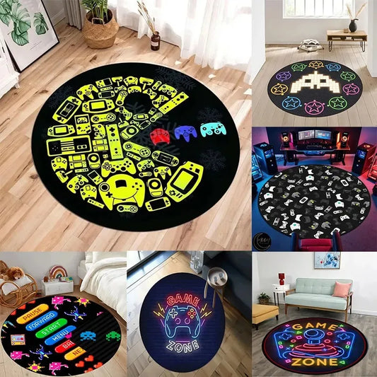 90s Classic Arcade Game Design Round Anti-Slip Printed Polyester Carpet Rug for Home Bathroom Door Floor