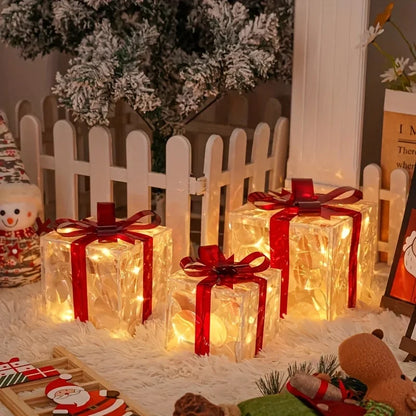 Set of 3 Lighted Christmas Gift Boxes with Red Bows | Elegant Indoor & Outdoor Holiday Decor