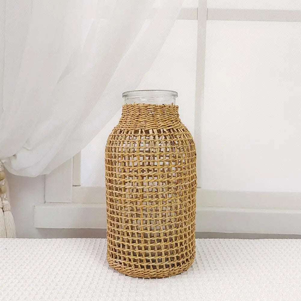 Vine Flower Vase Handmade Straw Woven Anti-broken Plant Pot Japanese Style Glass Vase Table Decoration Scene Layout Prop Home