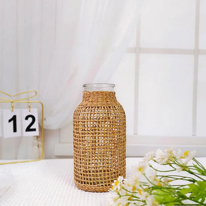 Vine Flower Vase Handmade Straw Woven Anti-broken Plant Pot Japanese Style Glass Vase Table Decoration Scene Layout Prop Home