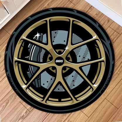 Car Wheel Rim Design Round Anti-Slip Rug – Racing Style Floor Mat for Home Garage Decor