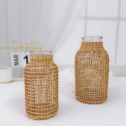 Vine Flower Vase Handmade Straw Woven Anti-broken Plant Pot Japanese Style Glass Vase Table Decoration Scene Layout Prop Home